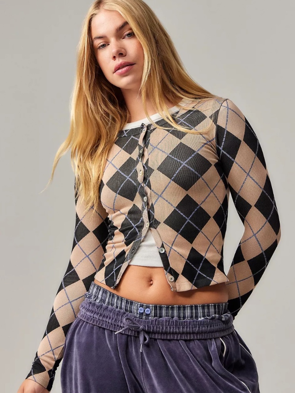 NWOT Out From Under Urban Outfitters Argyle Cropped Cardigan Beige Black XS S